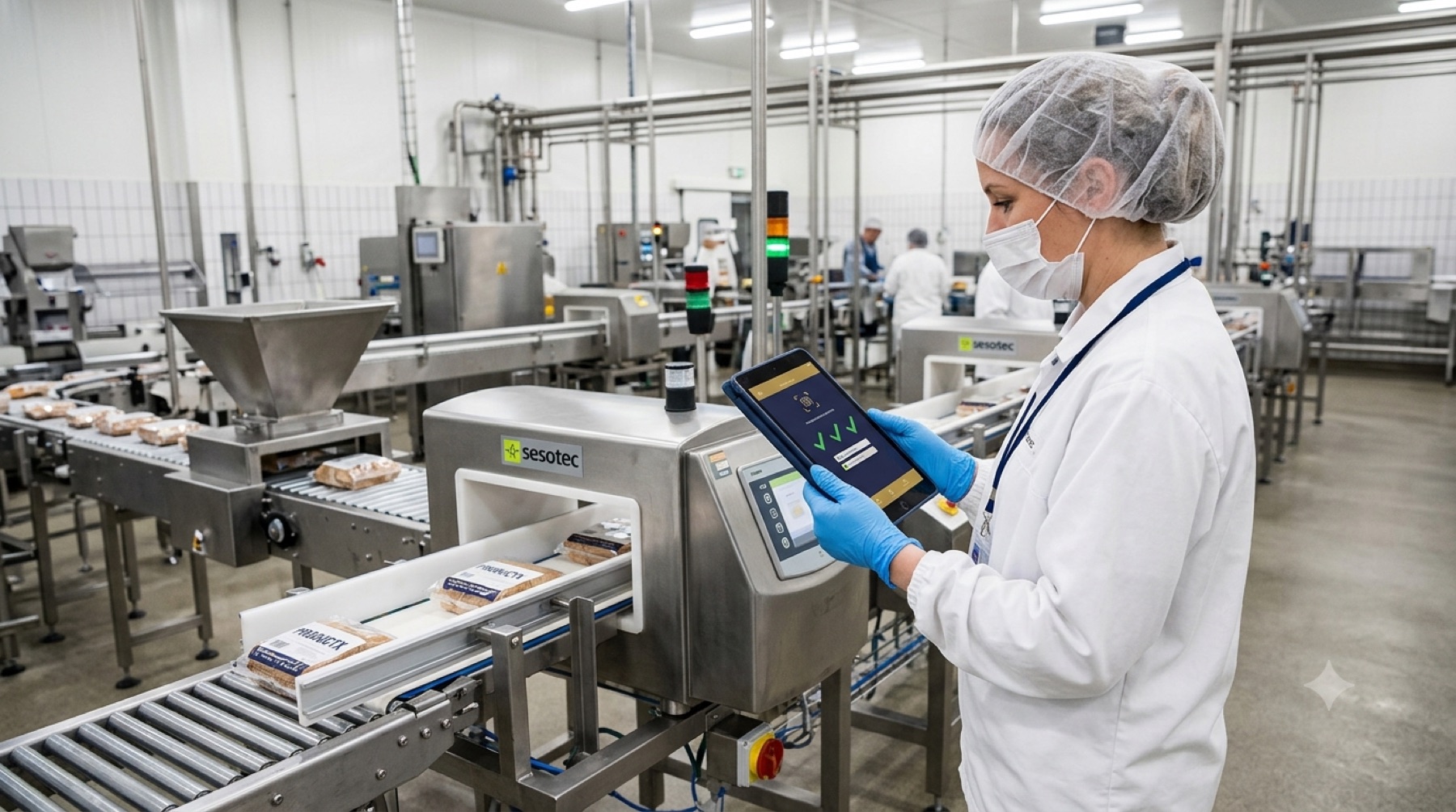 Medewerker registreert de metaaldetectie-controle op een tablet aan de productielijn