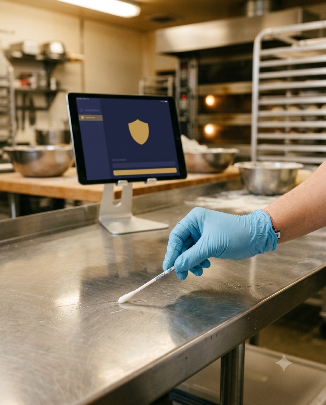 Swab-monster wordt afgenomen van een RVS-werkbank, met de Borgboek-app op een tablet ernaast
